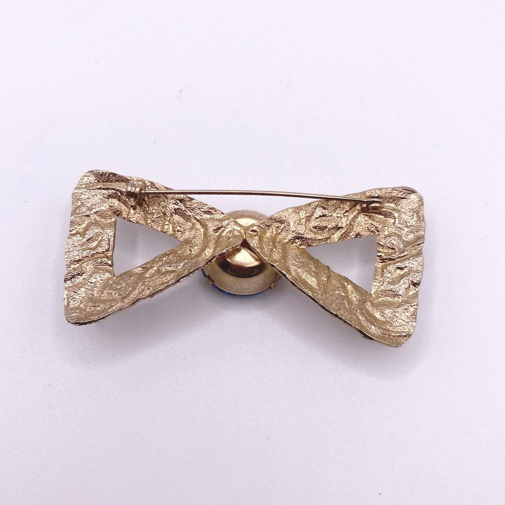 Vintage Brooch Bow with Bohemian Green and Blue Glass 2” long