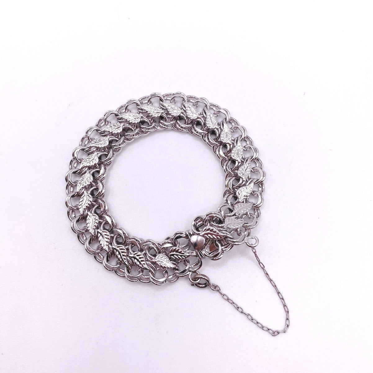 Vintage Sterling Forstner Bracelet 925 With Safety Chain and Leafs Motifs 6.5”
