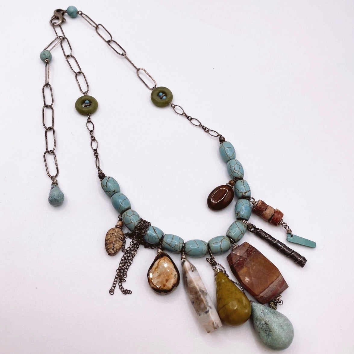 Vintage Artesian Sterling Silver and Turquoise with Mixed Gemstones Necklace