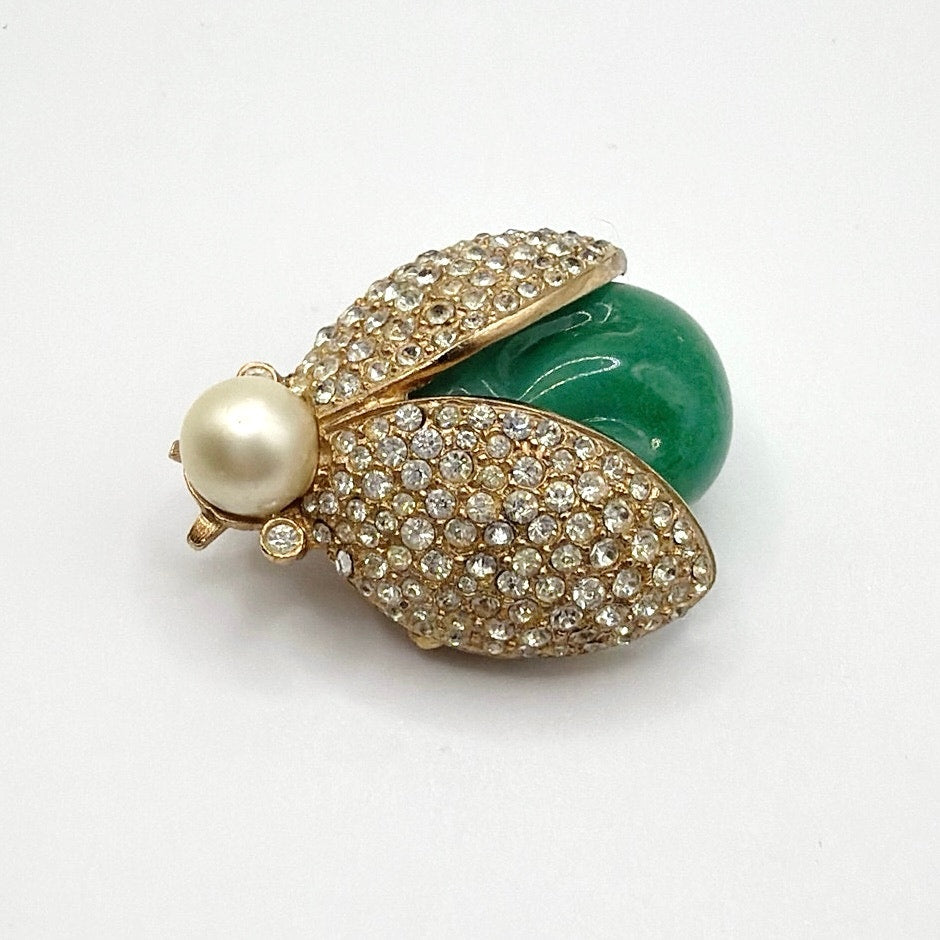 Vintage Rhinestones Scarab Brooch With Green Lucite Stone