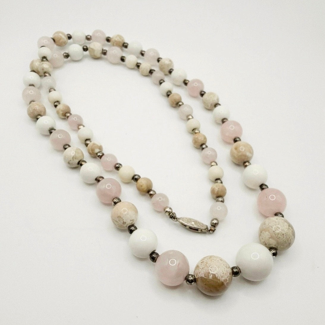 Vintage Agate and Rose Quartz Gemstones Long Necklace 30”