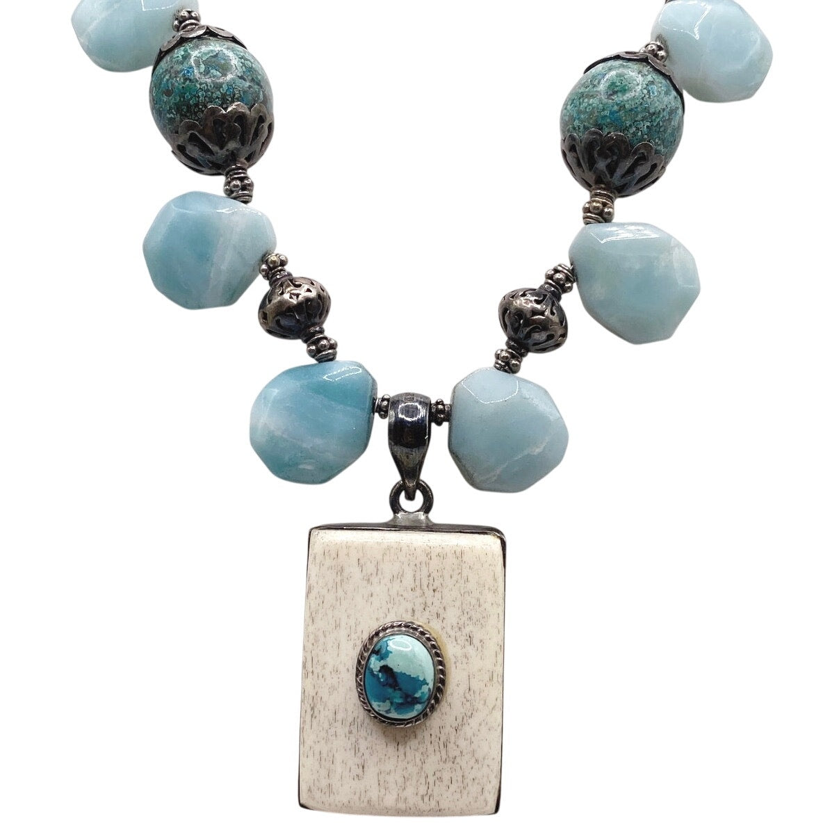 Sterling Silver and Gemstones Necklace, Amazonite, Turquoise and Bone Pendant