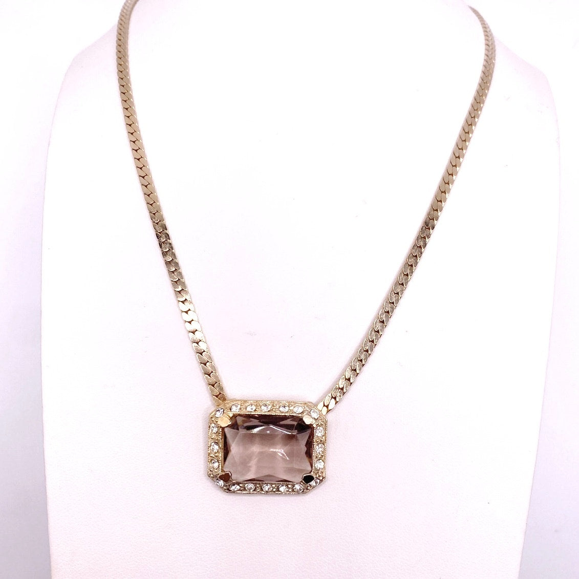 Vintage Beautiful Smoky Glass Crystal Pendant with Gold Tone Chain