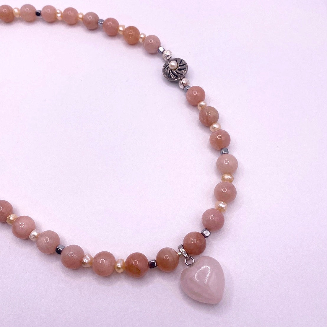 Rose Quartz Heart Sunstone and freshwater Pearls, Hematite Beads Necklace 16”