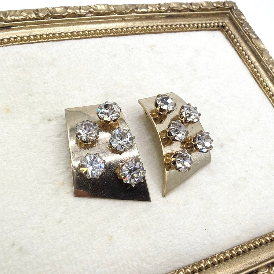 Gold Tone Geometric Vintage Clip On Earrings With Rhinestones 1.3”
