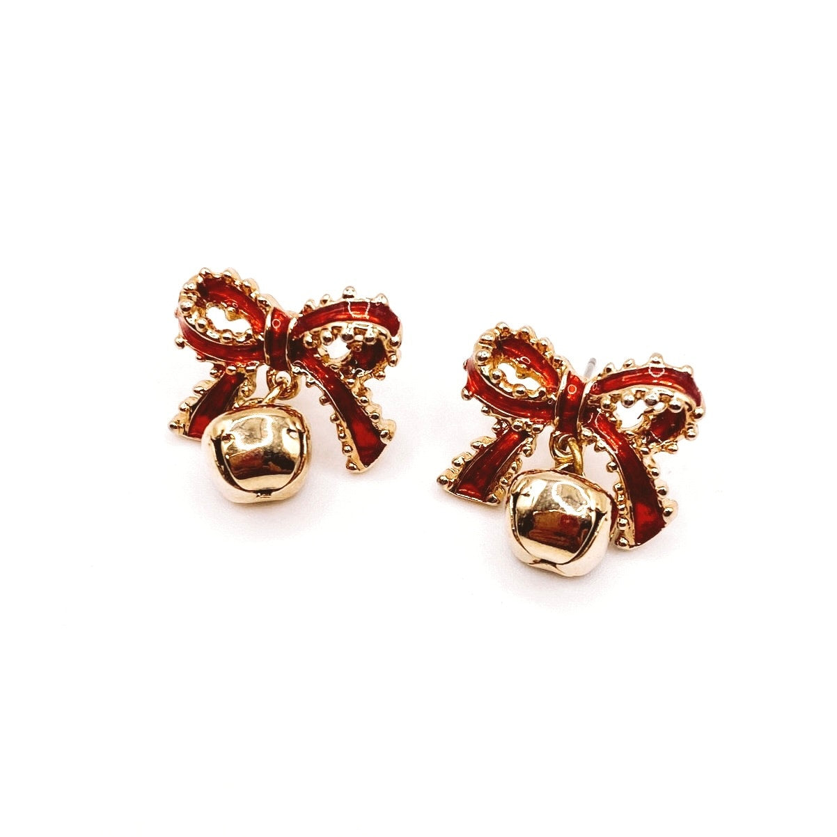 Vintage Red Enamel Bow Earrings with Dangling Bell