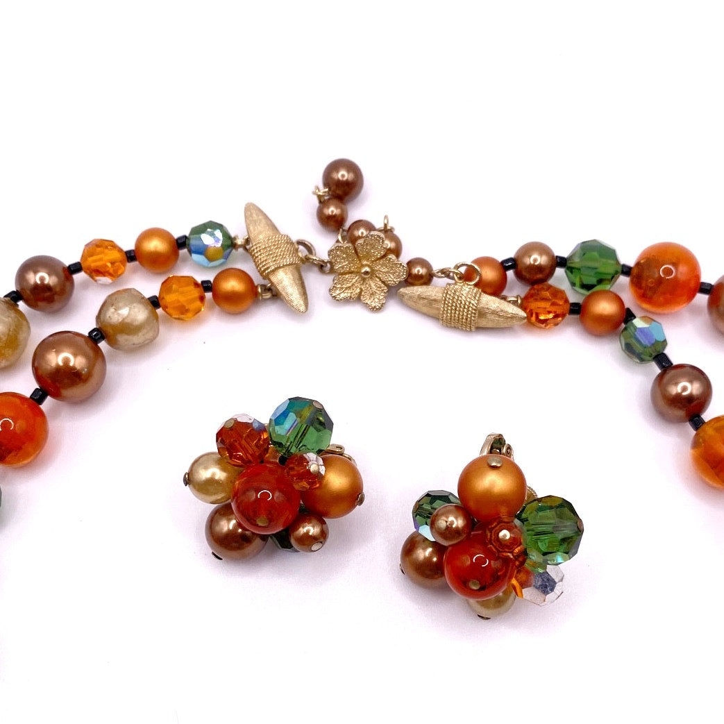 Vendome Lucite Beads Signed Autumn Tones Necklace and Clip On Earrings Set