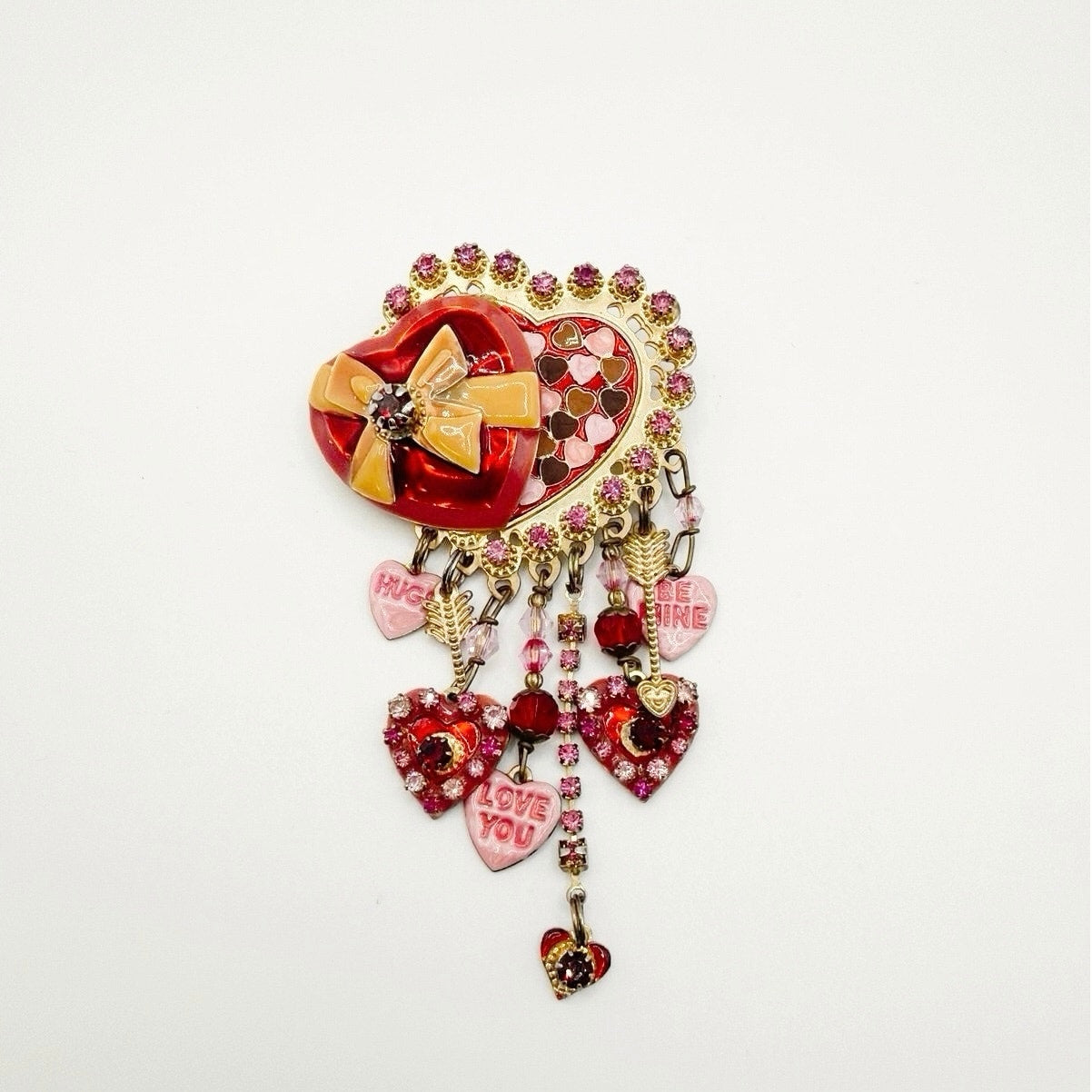 Lunch At The Ritz Pink Valentine Heart Vintage Brooch with Dangling Charms
