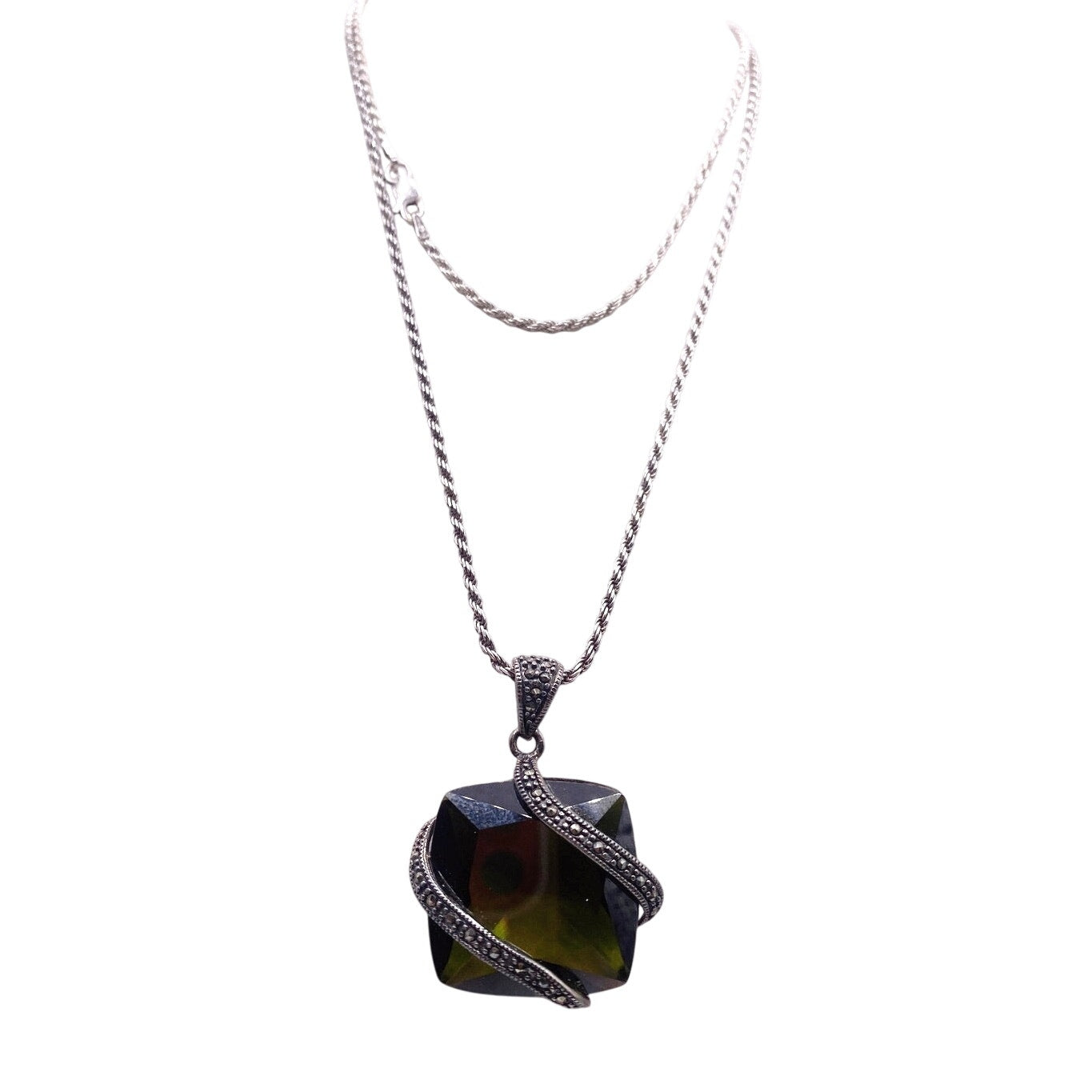 Sterling Silver Long Necklace 28” Simulated Green Tourmaline Stone and Marcasites