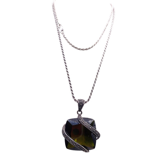 Sterling Silver Long Necklace 28” Simulated Green Tourmaline Stone and Marcasites
