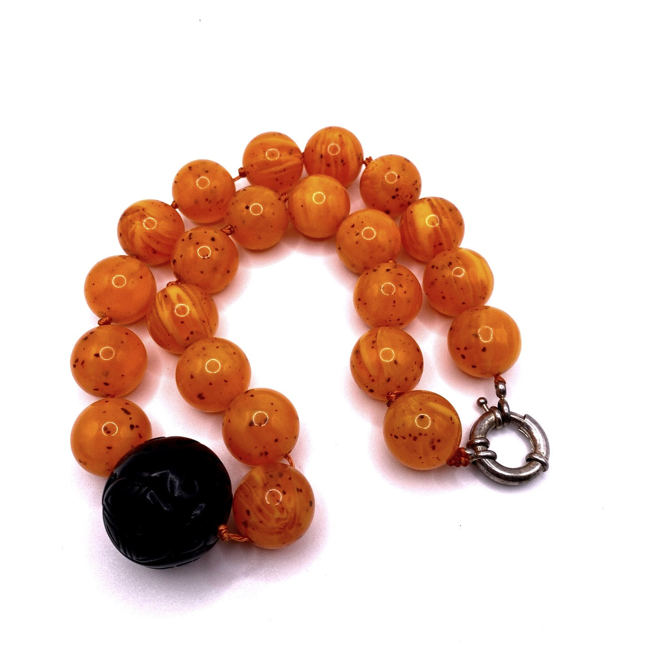 Vtg Orange Lucite and Black Carved Bakelite Necklace St Silver Closure