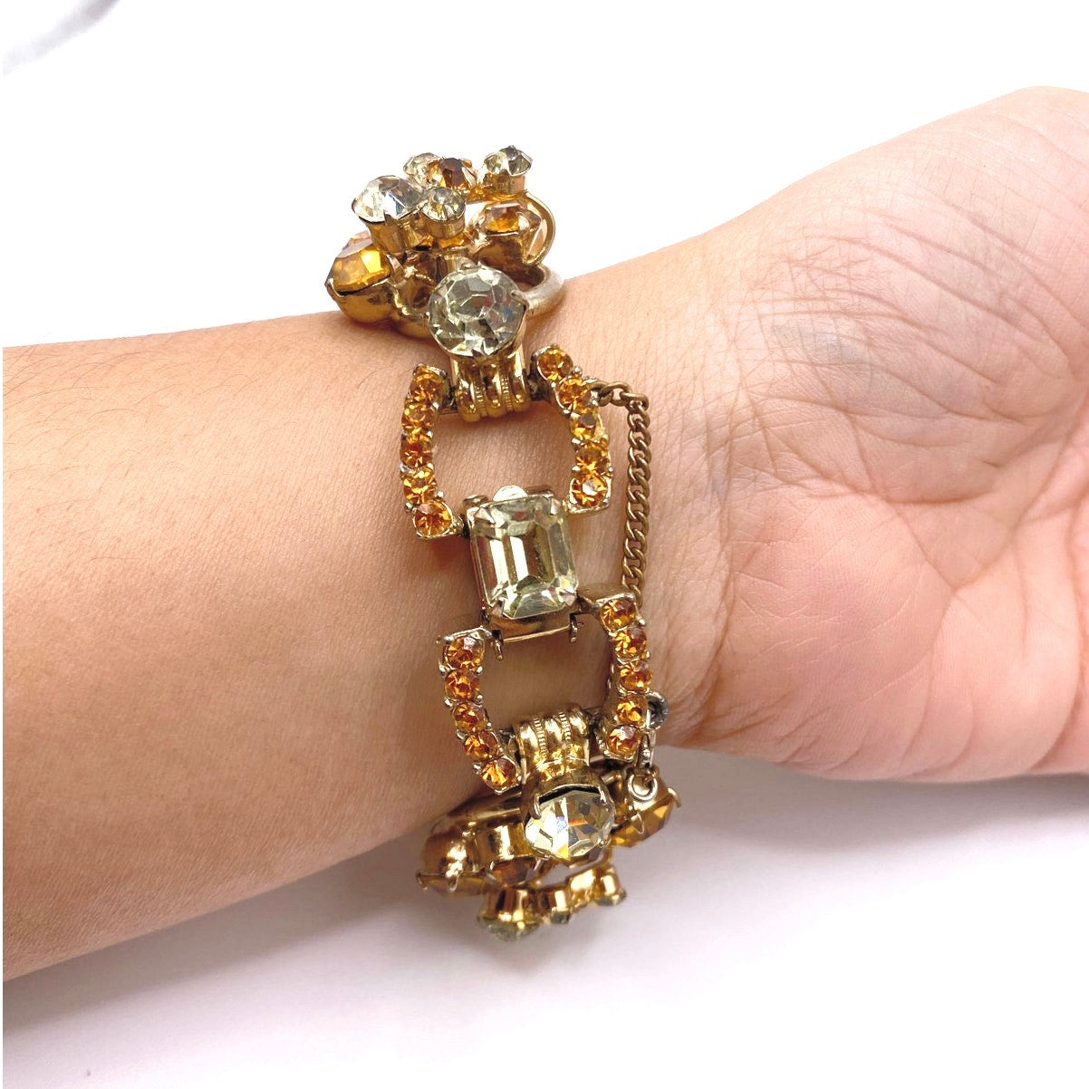 Juliana Vintage MidCentury Bracelet Beautiful Orange and Green Tone Rhinestones