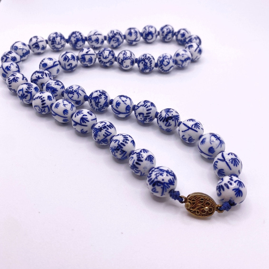 Vintage Chinese Necklace Hand Painted Blue and White Porcelain Beads 22”