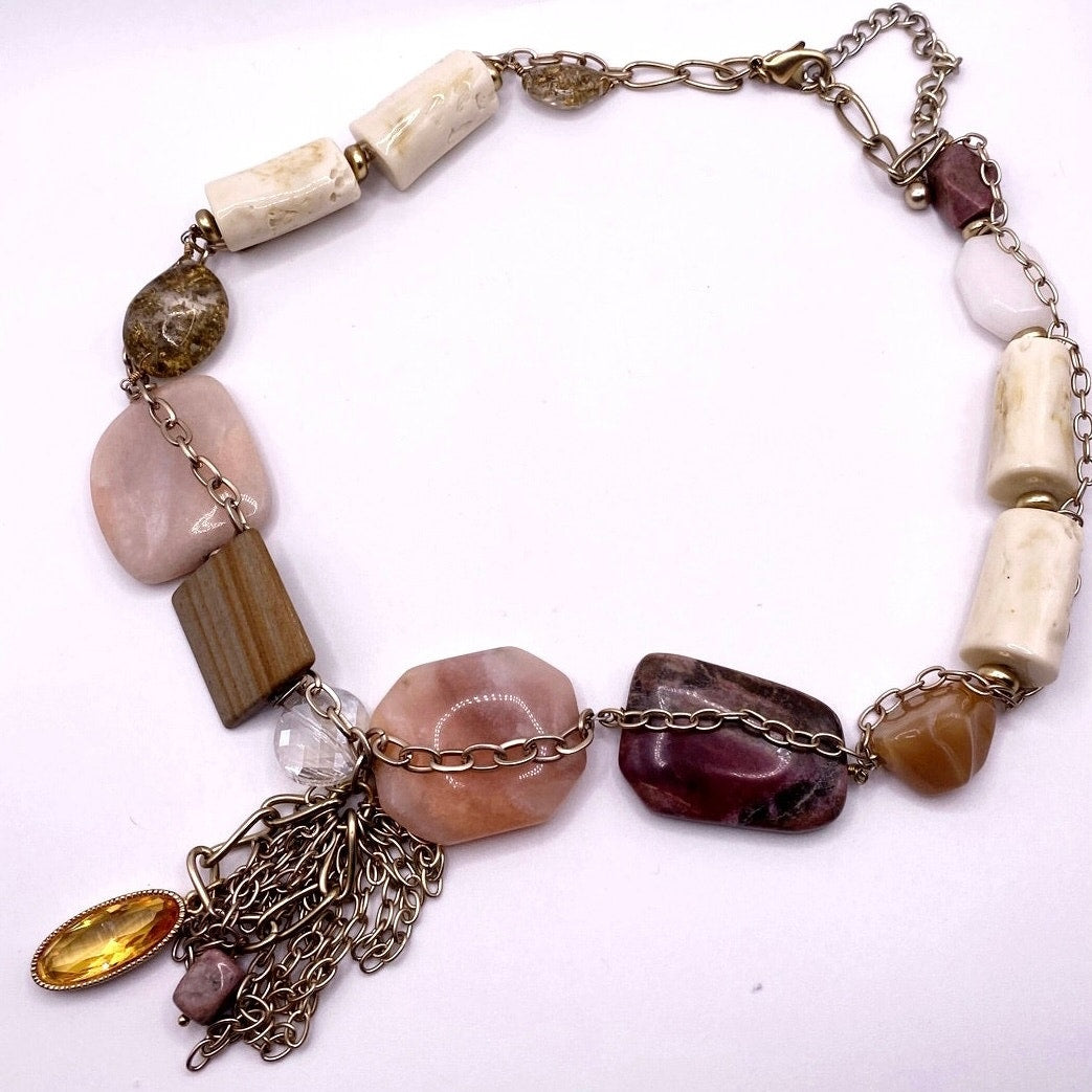 Vintage Multi Gemstones Chunky Necklace: Quartz Amber Tagua Nut and Uranium Glass Pendant 24”