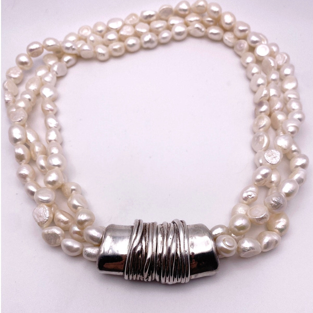 Sterling Silver and Three Strands Fresh Water Pearls Necklace 16” Made In Israel