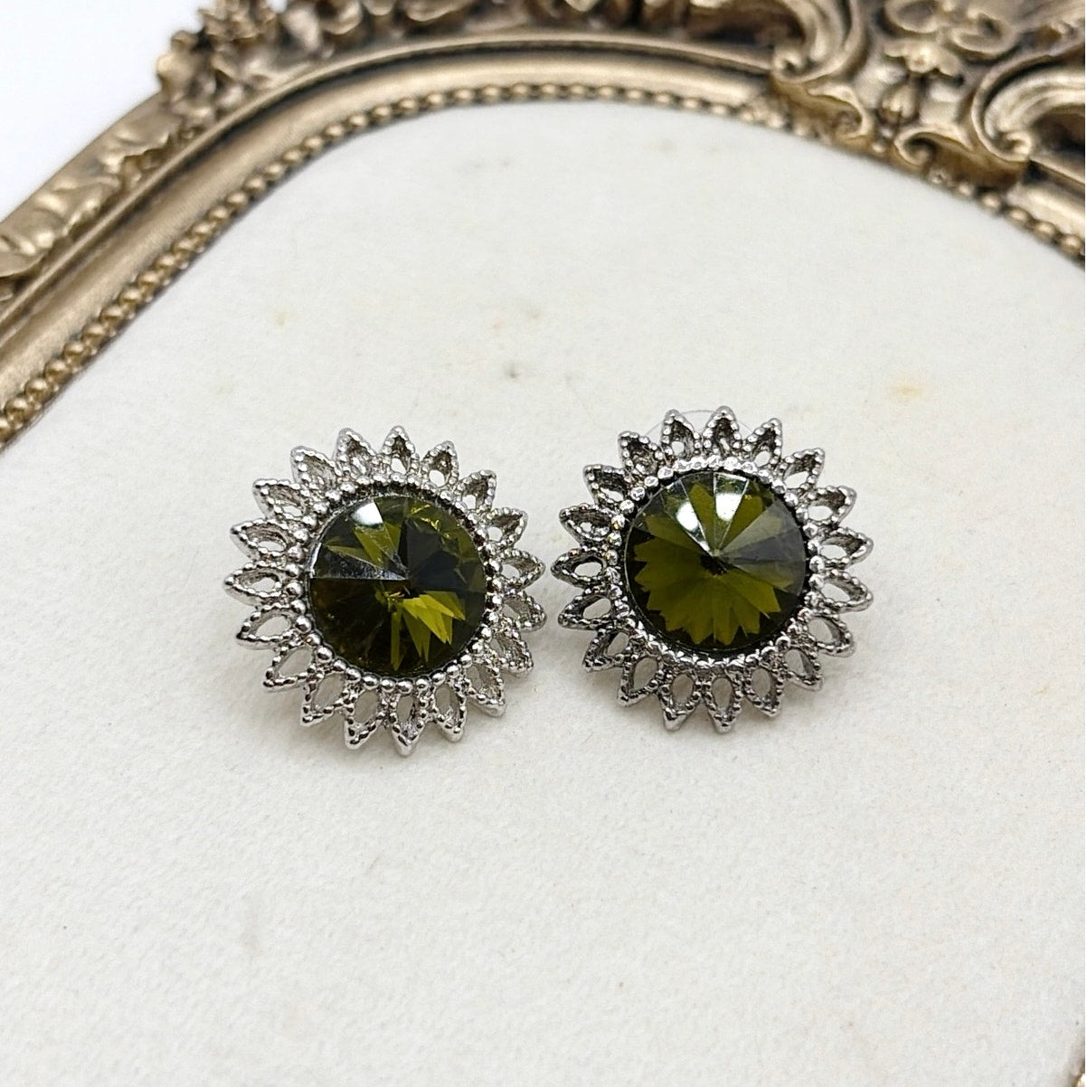 Forest Green Vintage Rivoli Rhinestone Stud Earrings Silver Tone