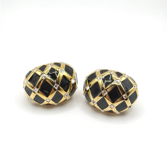 St John’s Black Enamel and Rhinestones Statement Clip On Earrings