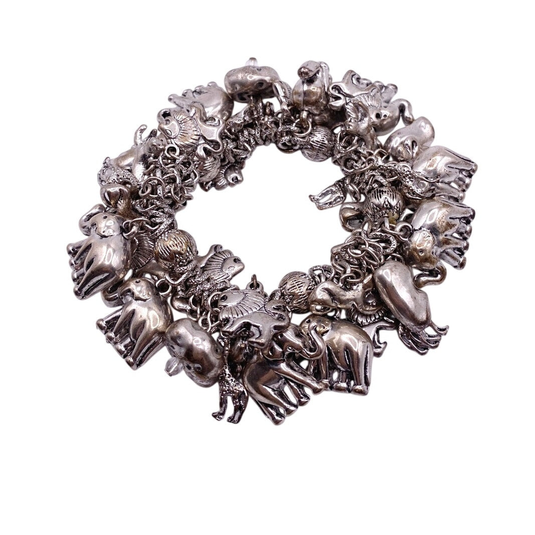 Safari African Animal Charms Stretchy Bracelet Silver Tone Size 7