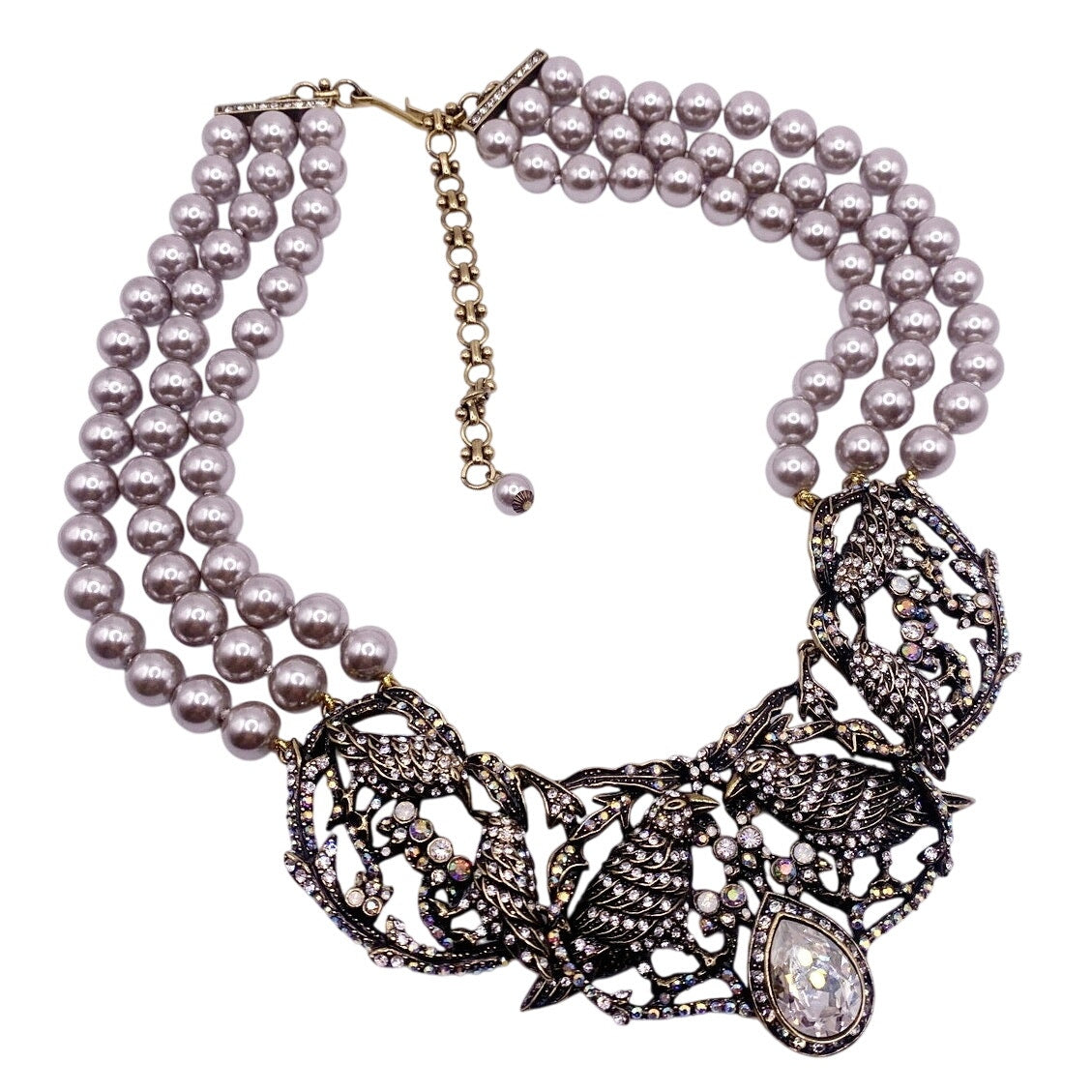 Hedi Daus Vintage Statement Necklace with Faux Pearls and AB Rhinestones Birds Motifs