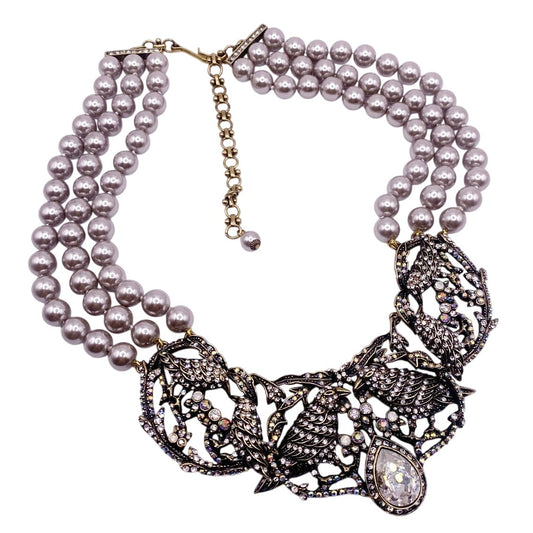 Hedi Daus Vintage Statement Necklace with Faux Pearls and AB Rhinestones Birds Motifs