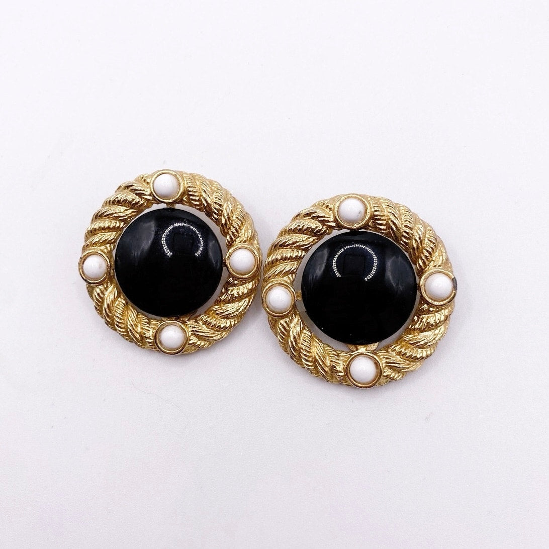 Vintage Earrings With Black Lucite Stone Retro Clip On
