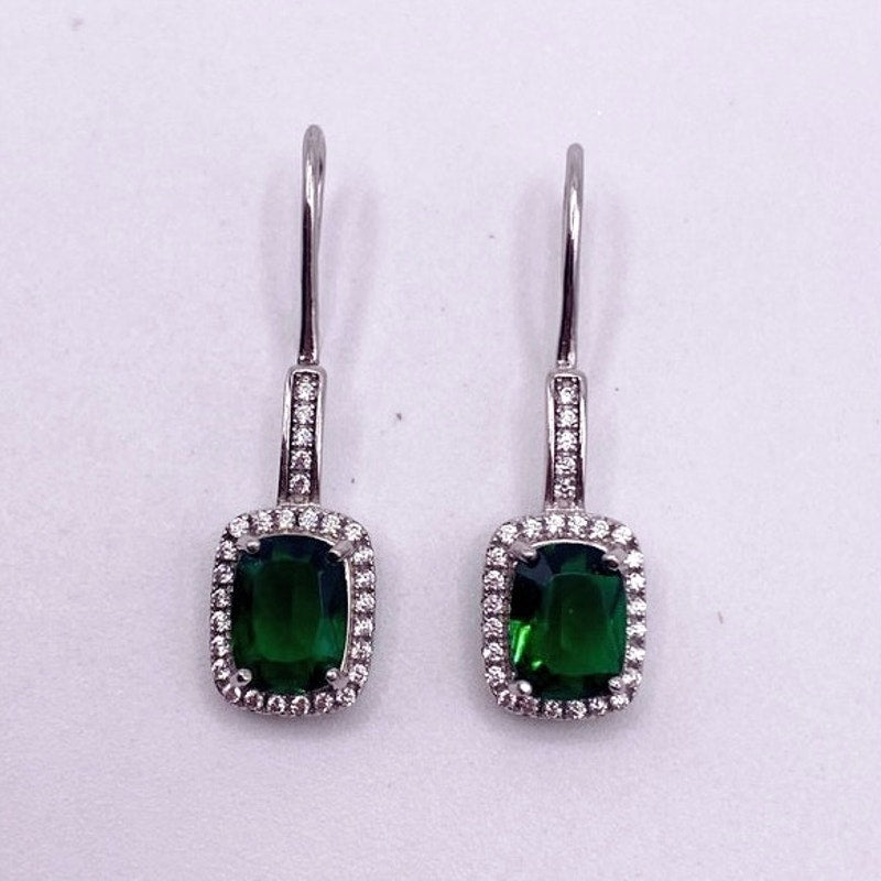 Green Crystal Sterling Silver Vintage Hook Earrings Cubic Zirconia
