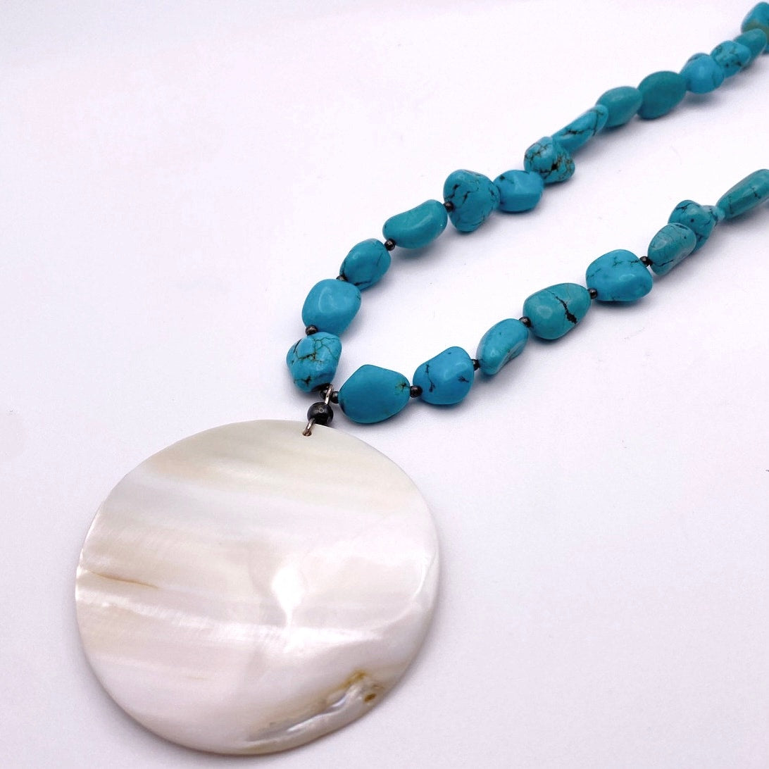 Turquoise and Sterling Silver Vintage 16" Necklace with Large Shell Pendant 2"