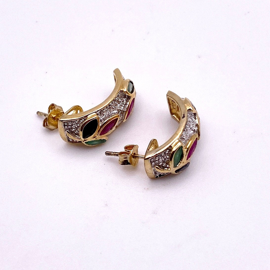 Gold Vermeil Sterling Silver and Gems  Ruby Emerald Sapphire Half Hoop Studs