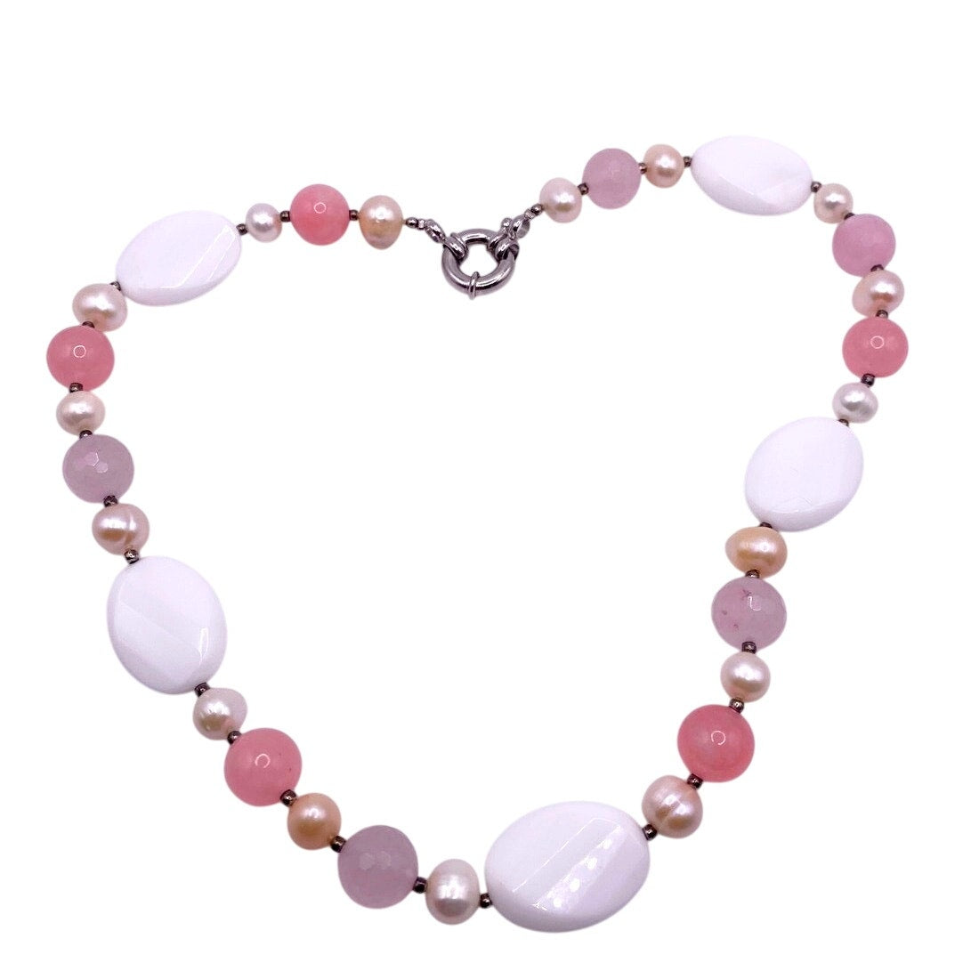 Vintage Handmade Necklace Rose Quartz and White Calcedony 16”
