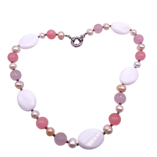 Vintage Handmade Necklace Rose Quartz and White Calcedony 16”