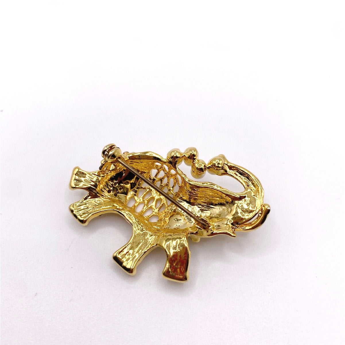 Gold Tone Elephant Brooch with Faux Pearls and Rhinestones