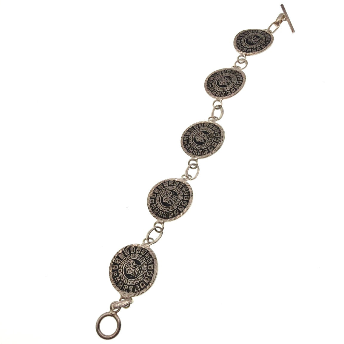 925 Sterling Silver Aztec Mayan Calendar Link Bracelet 7.5” Toggle Closure