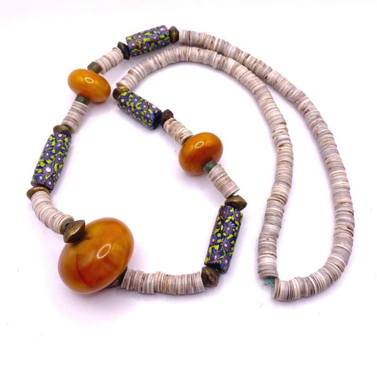 Vtg Necklace Butterscotch Amber Beads and Italian Milllefiori Beads 40” long