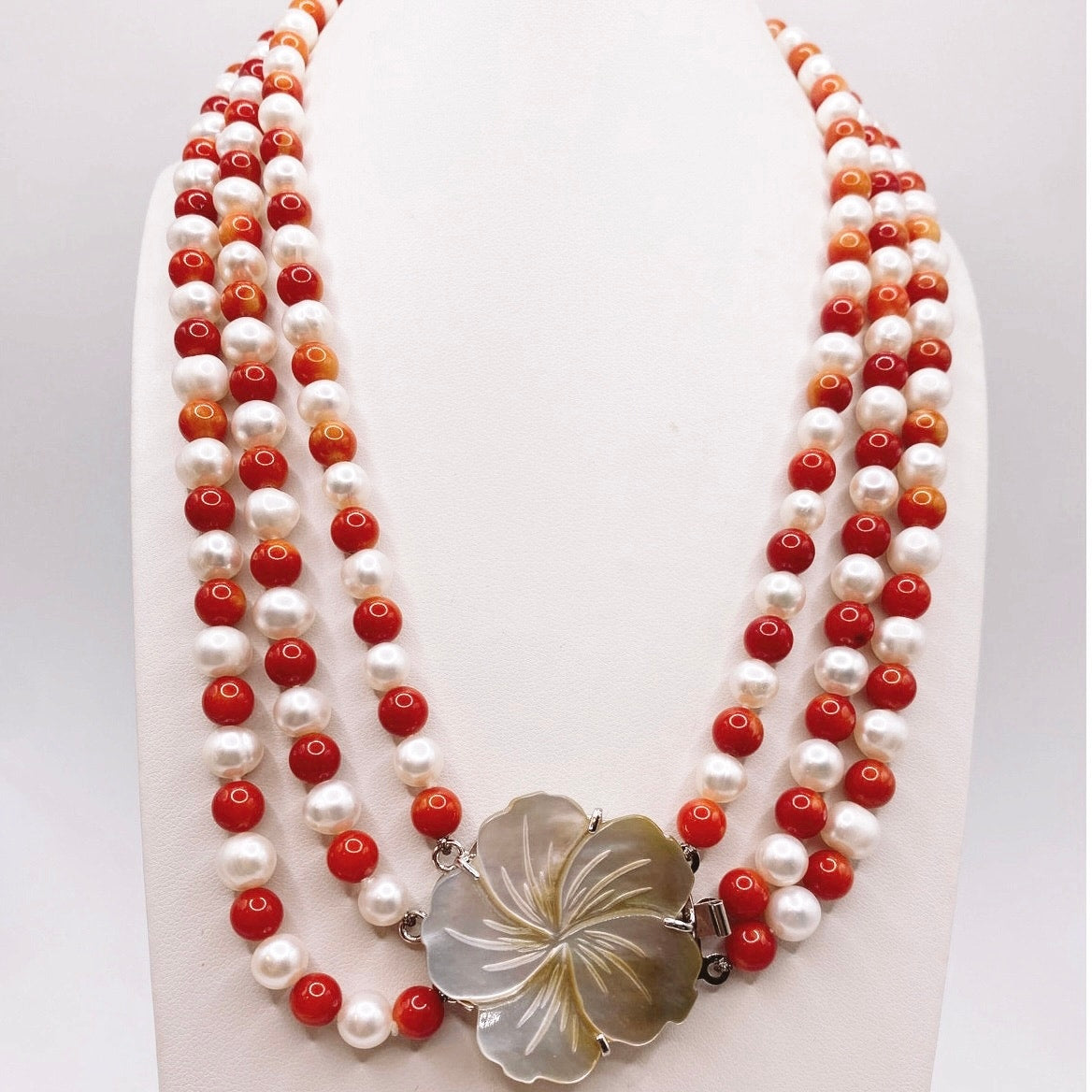 Three Strand Freshwater Pearl and Red Coral Necklace With Motherofpearl Clasp