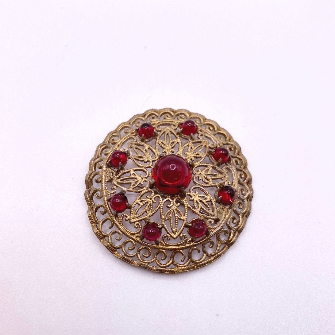 Vintage Filigree Gold Tone Brooch Molded Red Glass 2”