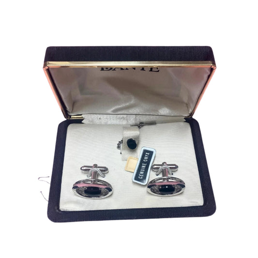 Dante Silver Onyx Cufflinks and Tie Tack Set