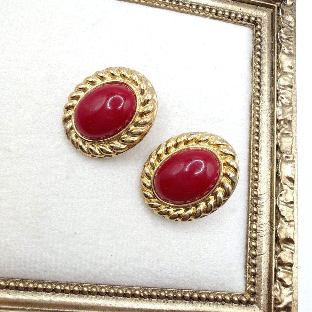 Monet Vintage Clip On Earrings Red Lucite and Gold Tone