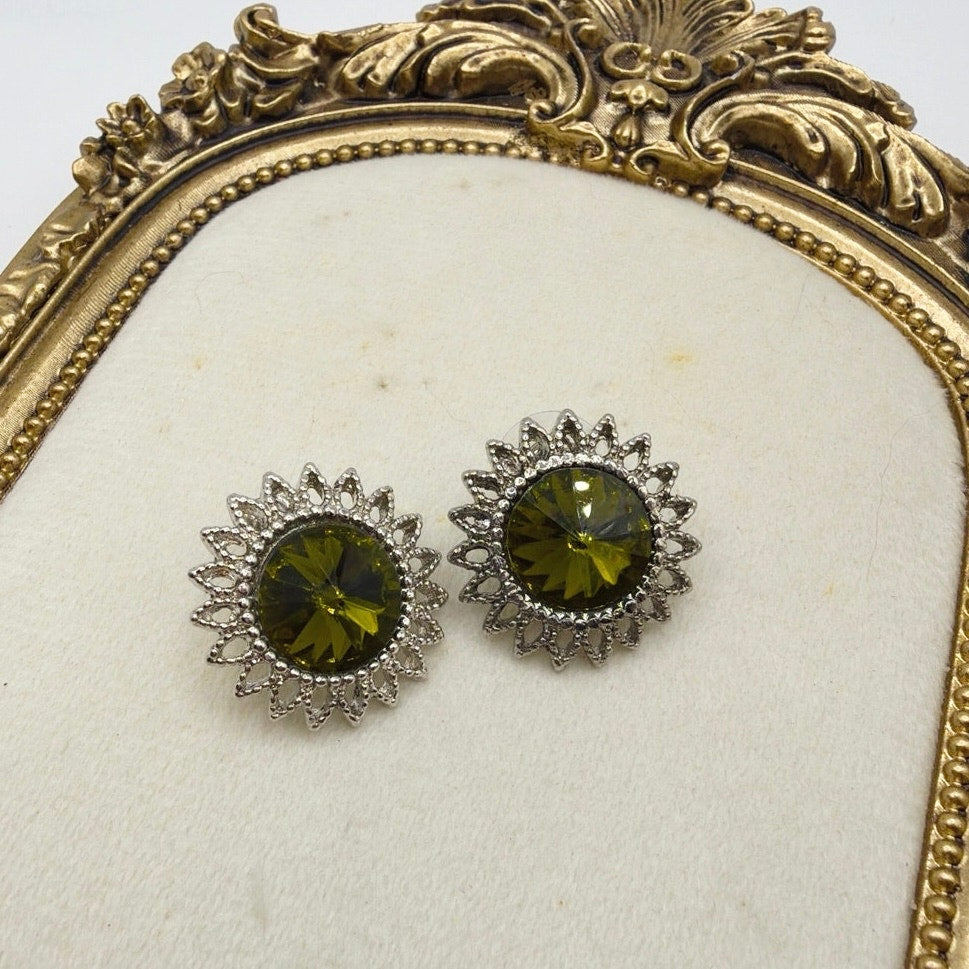 Forest Green Vintage Rivoli Rhinestone Stud Earrings Silver Tone