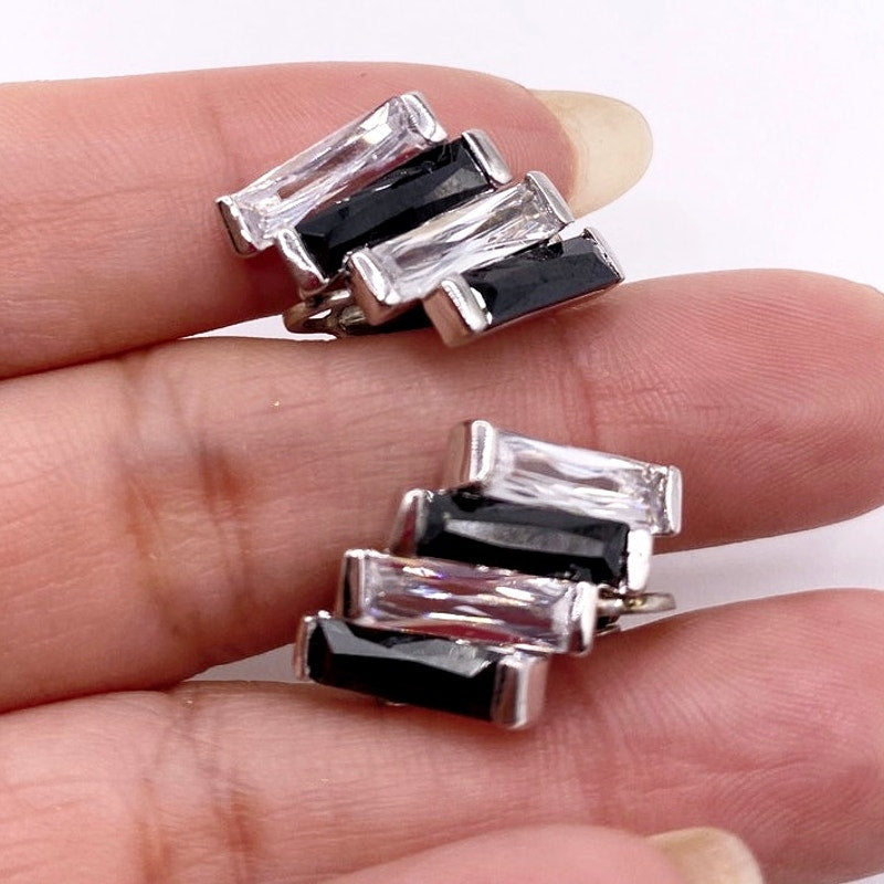 Vintage Sterling Silver Clip On Earrings Cubic Zirconia