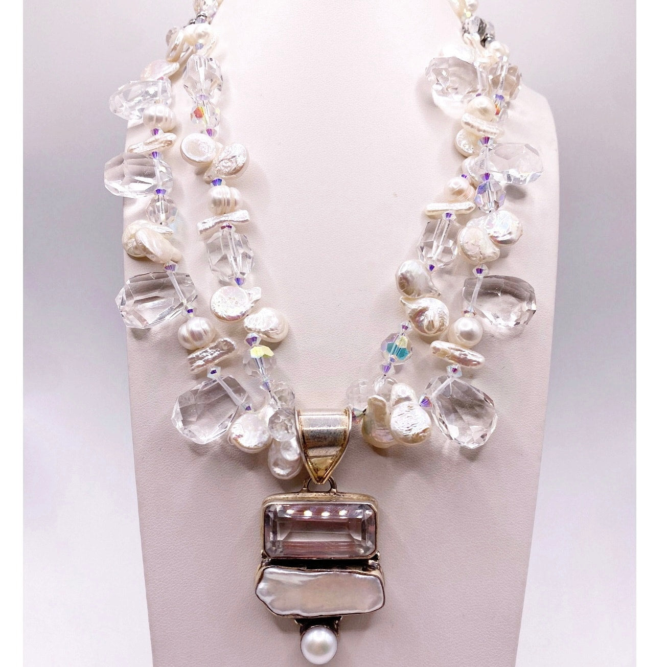 Saki Sterling Silver Necklace With Mother of Pearl and Faceted Quartz Stones 16”
