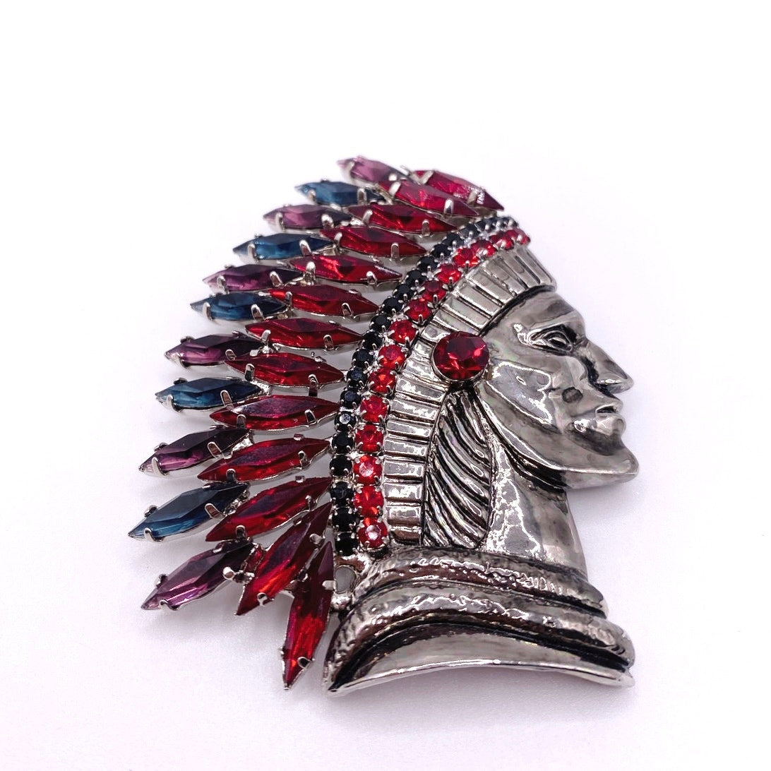 Vntg Indian Head Chief Gunmetal Red Blue Purple Rhinestones headdress brooch
