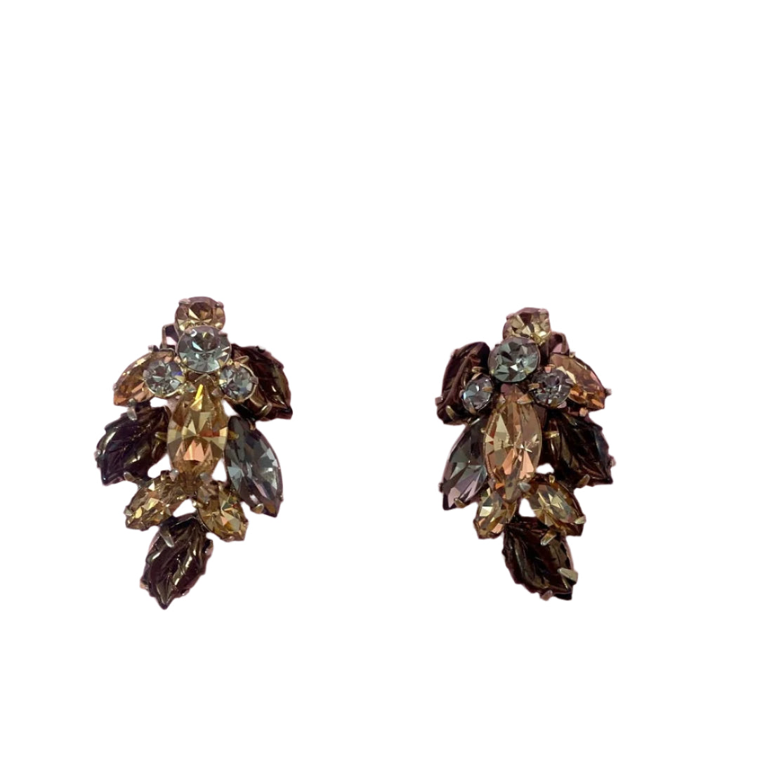 Regency Clip-On Earrings Brown Rhinestones