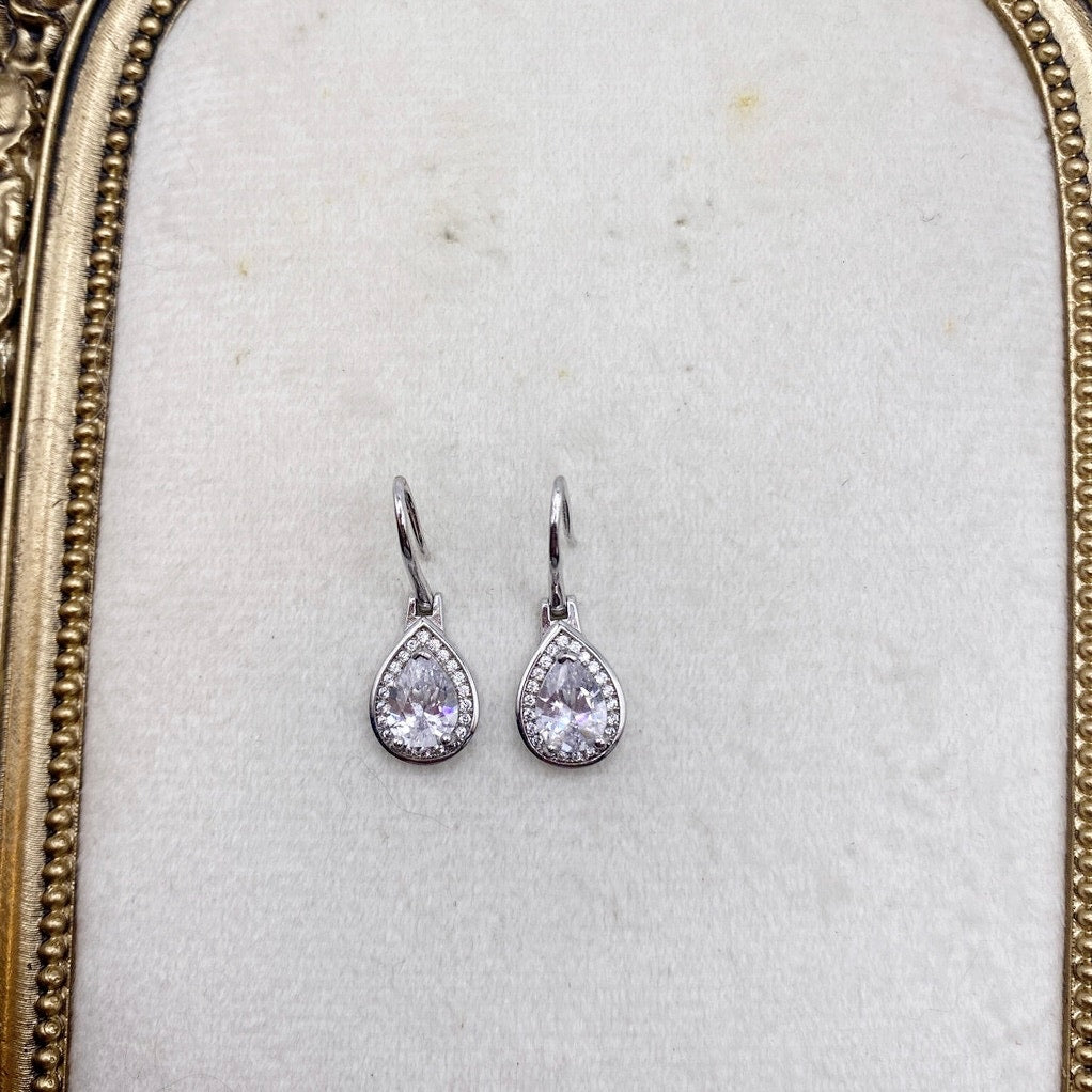Sterling Silver Earrings with Dangling White Cubic Zirconia Tear Drop 1cm