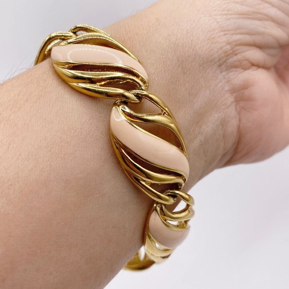 Trifari Vintage Pink and Gold Tone Enamel Bracelet 7”