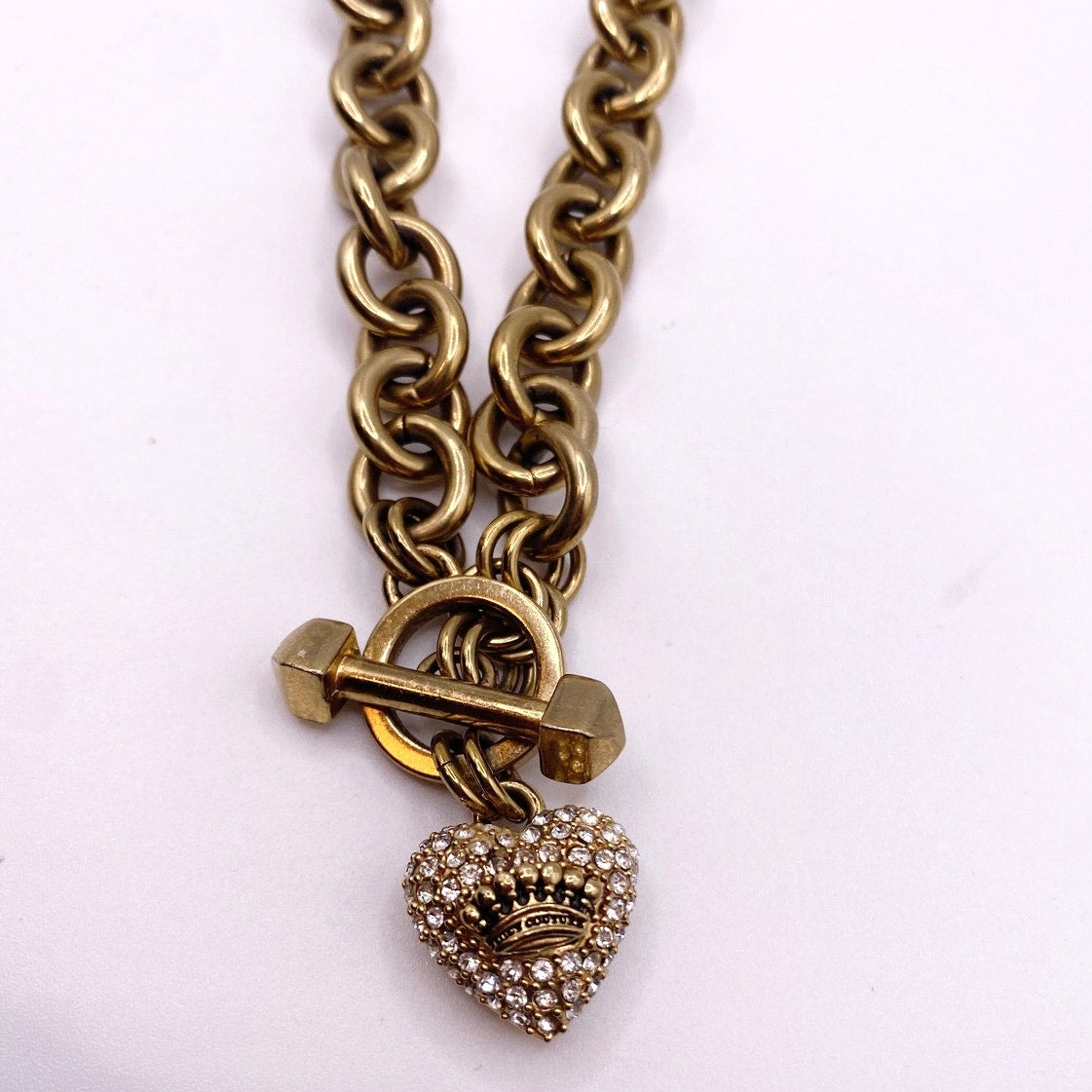 Juicy Couture Vintage Gold Tone Necklace Rhinestone Heart Pendant Toggle Closure