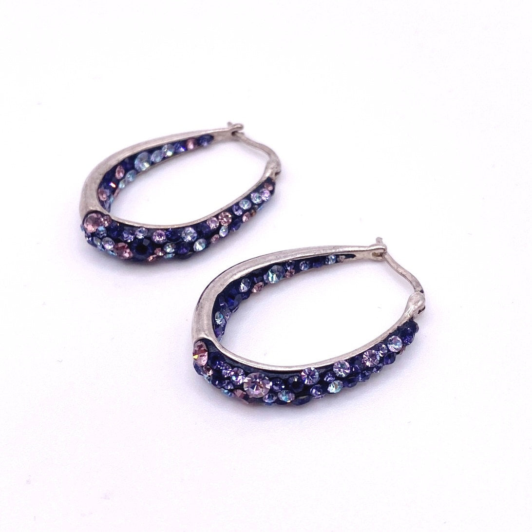 Vintage Hoops Earrings Brass and Pave Purple Crystals