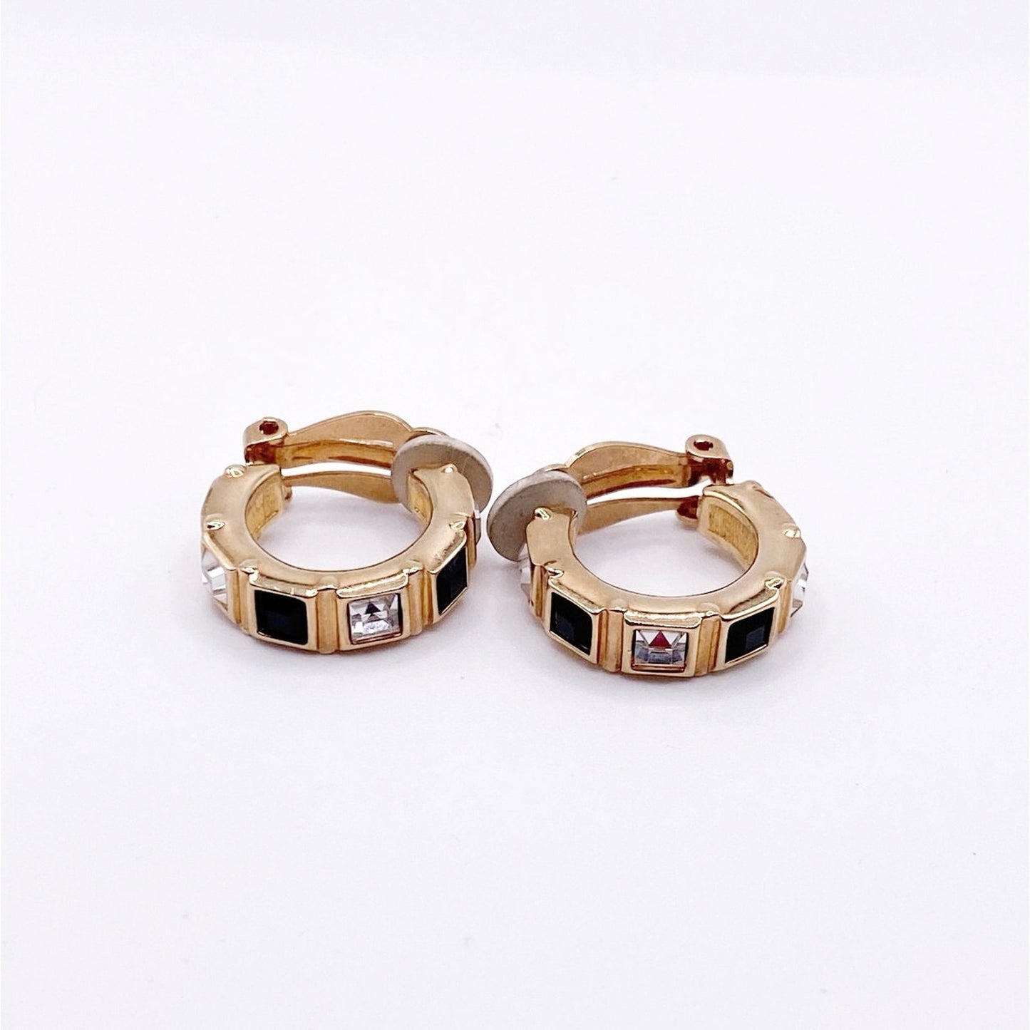 Swarovski Vintage Clip On Earrings Hoops with Black and White Crystals 1”