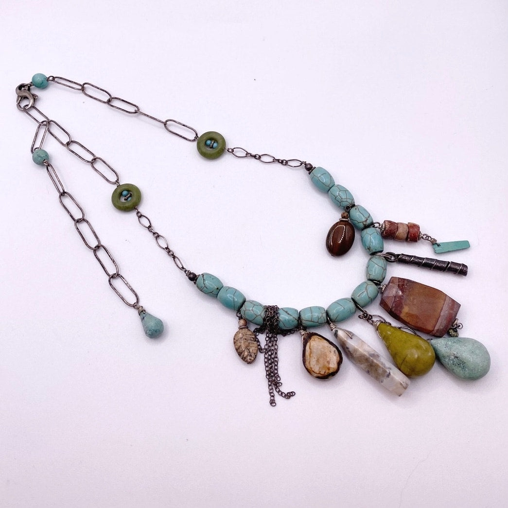 Vintage Artesian Sterling Silver and Turquoise with Mixed Gemstones Necklace