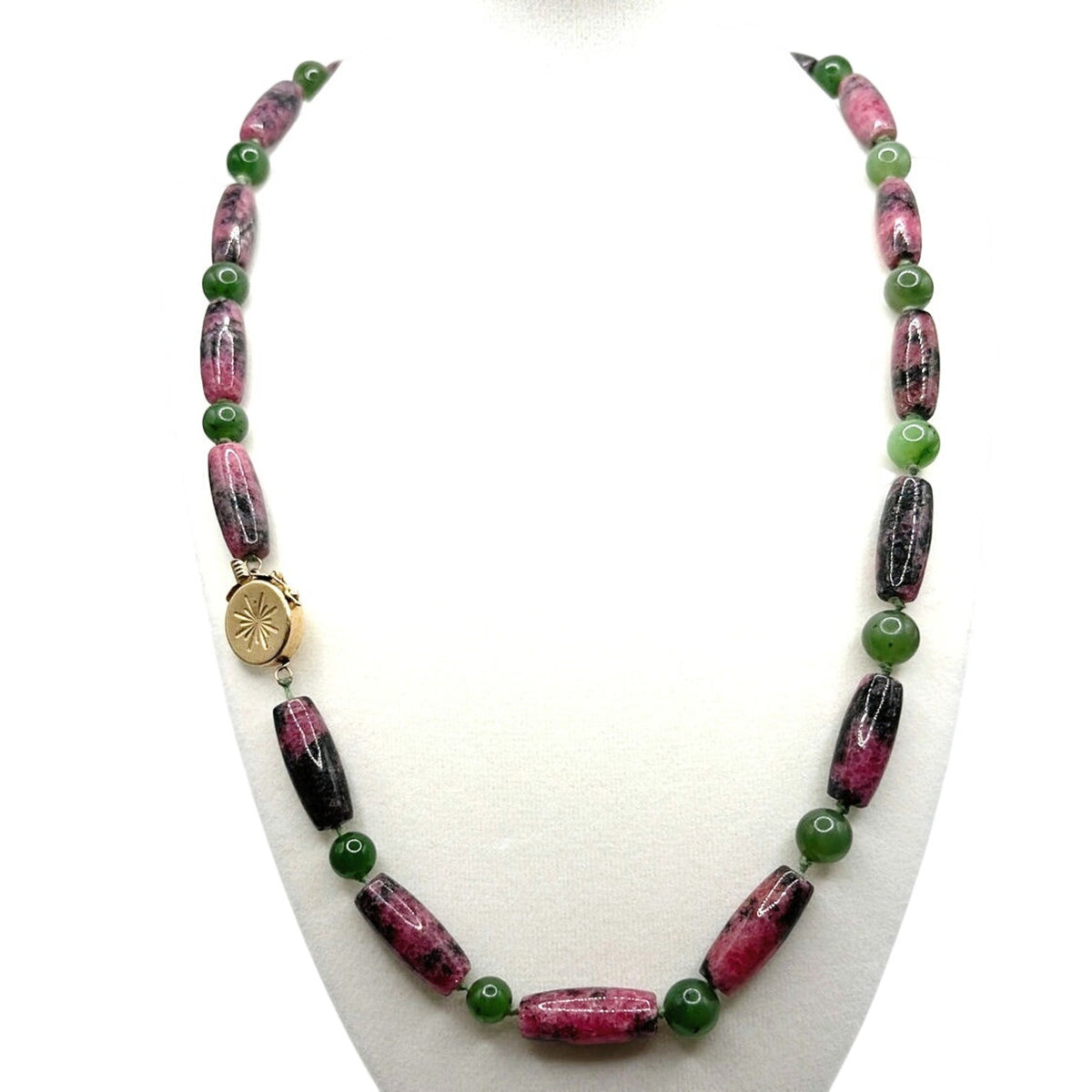 14k Gold Box Closure Vintage Rhodonite Barrel Stones Necklace and Bracelet Set