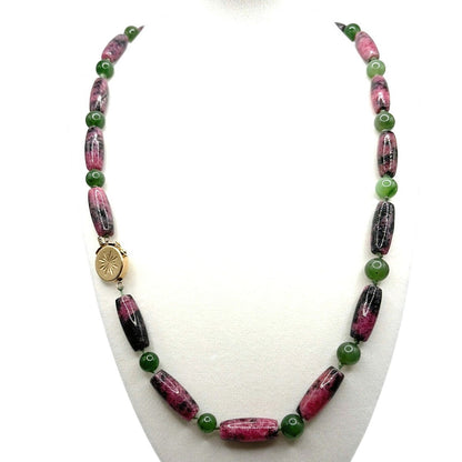 14k Gold Box Closure Vintage Rhodonite Barrel Stones Necklace and Bracelet Set